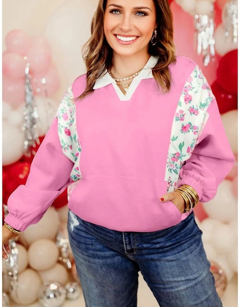 Pink Plus Size Contrast Polo Collar Floral Patchwork Elastic Cuffs Long Sleeve Top