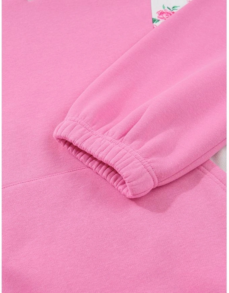 Pink Plus Size Contrast Polo Collar Floral Patchwork Elastic Cuffs Long Sleeve Top