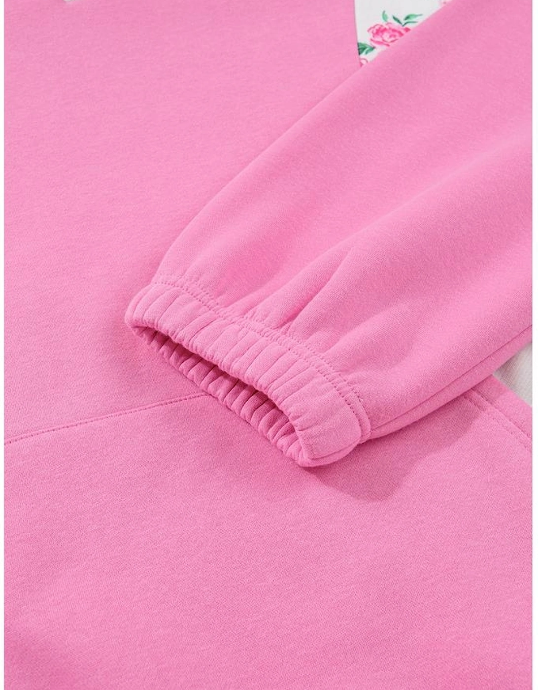 Pink Plus Size Contrast Polo Collar Floral Patchwork Elastic Cuffs Long Sleeve Top