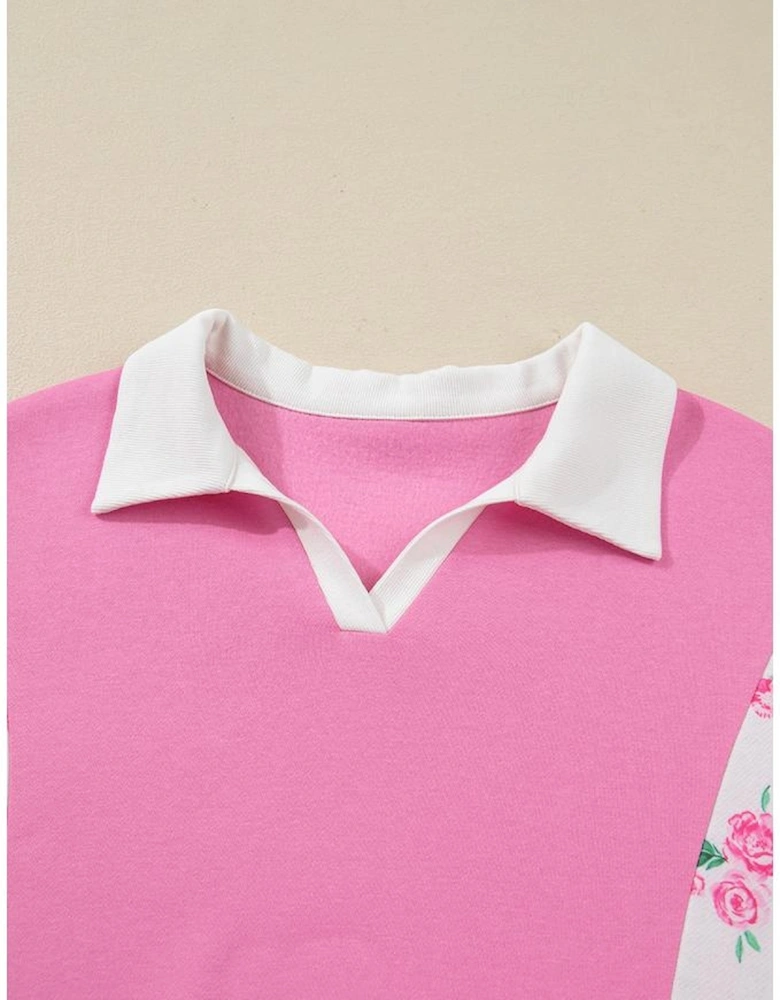 Pink Plus Size Contrast Polo Collar Floral Patchwork Elastic Cuffs Long Sleeve Top