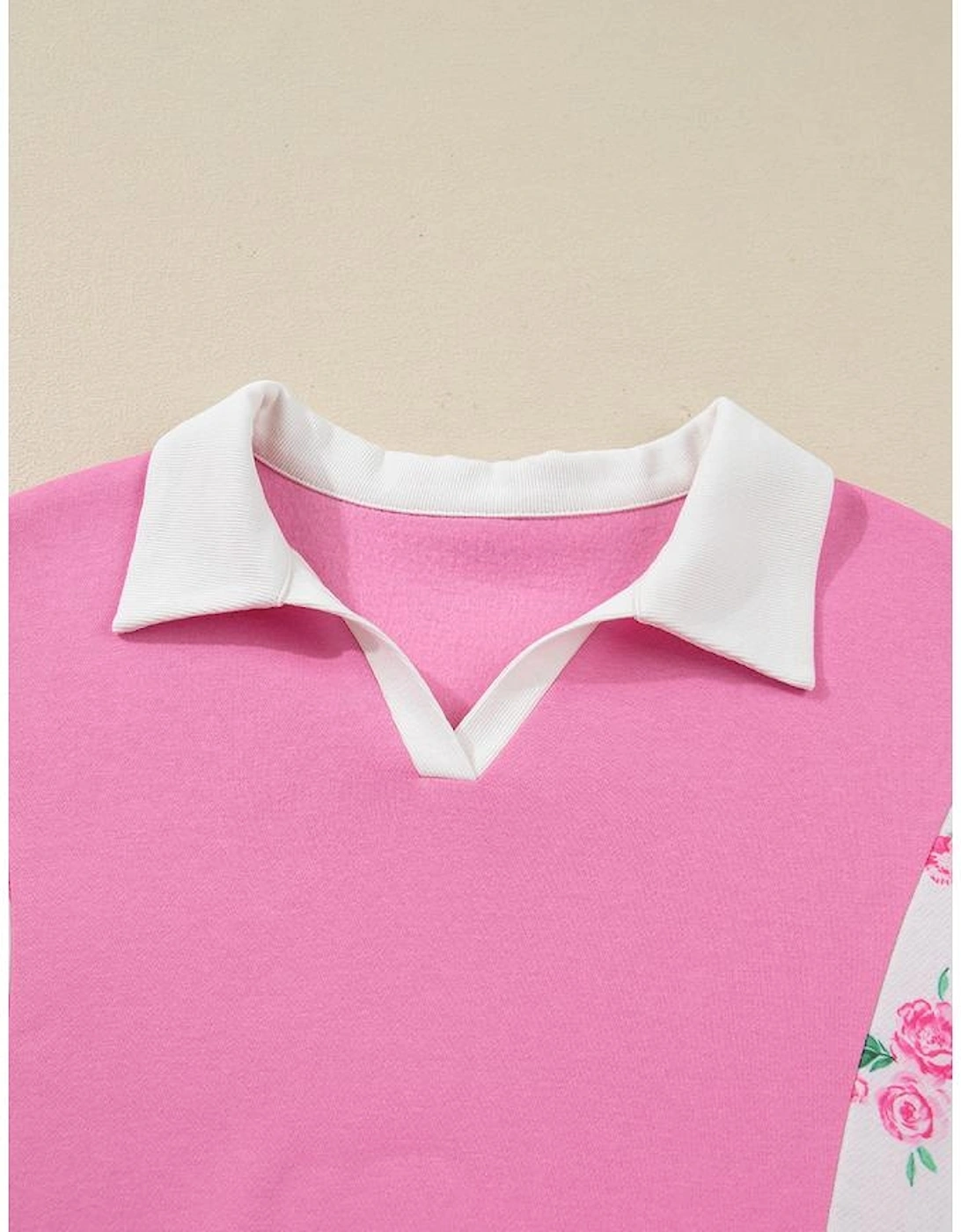 Pink Plus Size Contrast Polo Collar Floral Patchwork Elastic Cuffs Long Sleeve Top