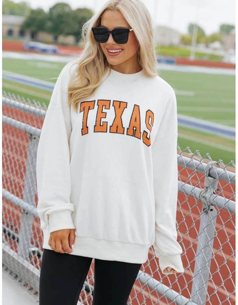 White TEXAS Graphic Drop Shoulder Crewneck Sweatshirt