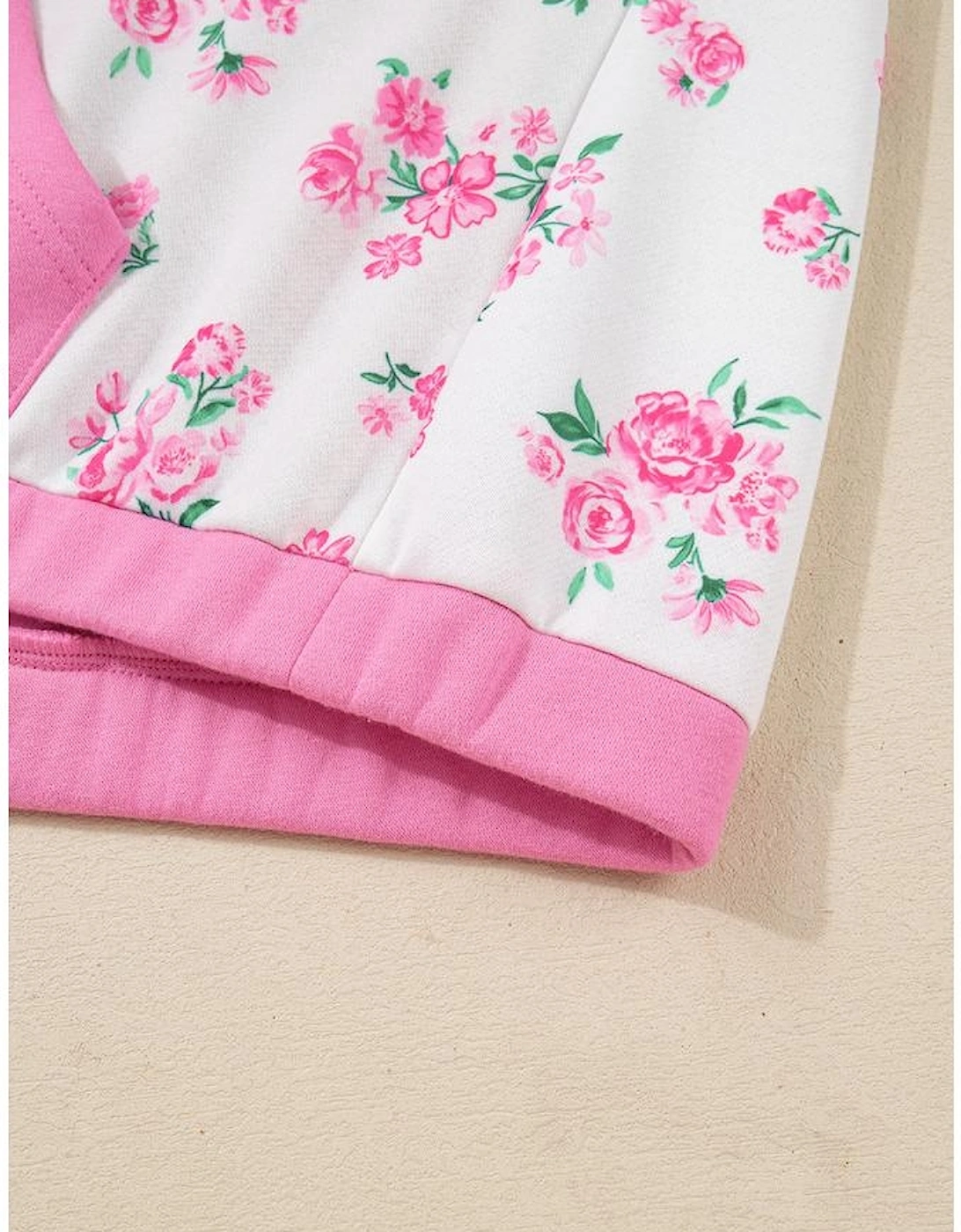 Pink Plus Size Contrast Polo Collar Floral Patchwork Elastic Cuffs Long Sleeve Top