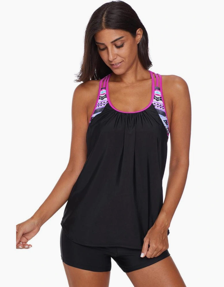 Rose Blouson Striped Printed Strappy T-Back Push up Tankini Top