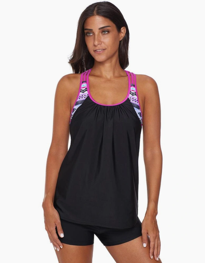 Rose Blouson Striped Printed Strappy T-Back Push up Tankini Top