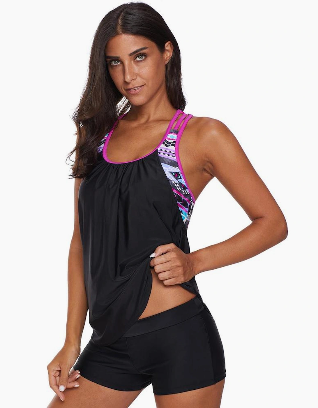 Rose Blouson Striped Printed Strappy T-Back Push up Tankini Top