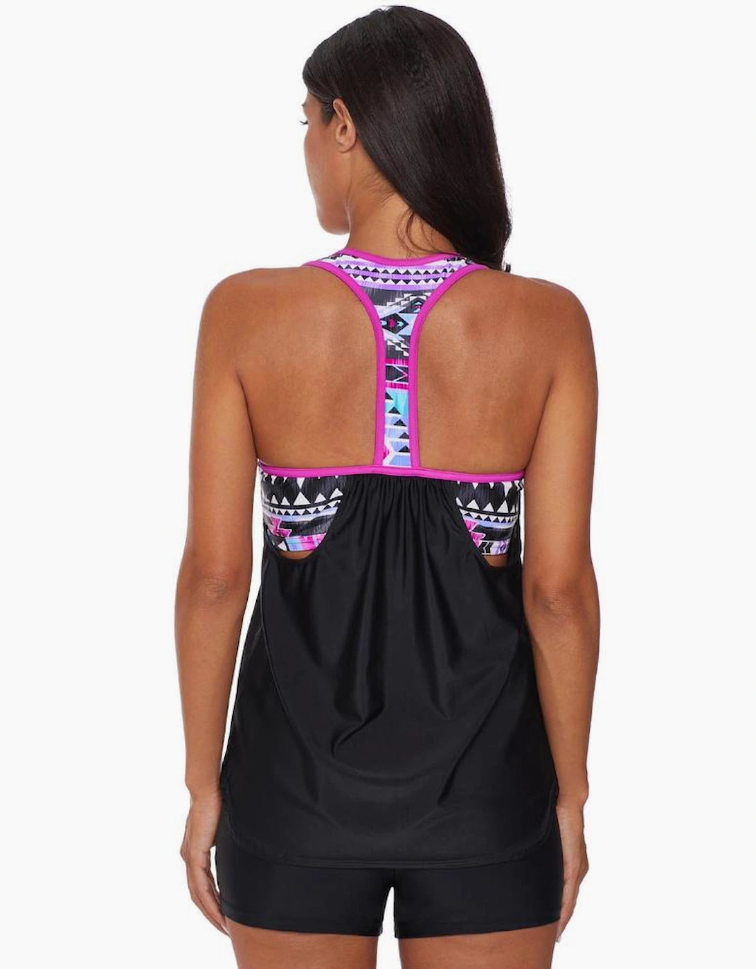 Rose Blouson Striped Printed Strappy T-Back Push up Tankini Top