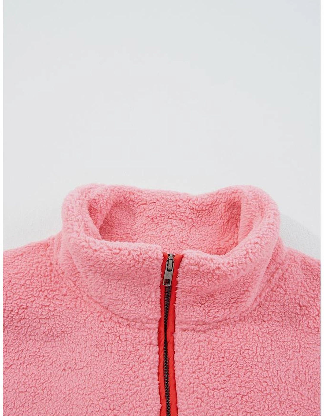 Strawberry Pink Sherpa Contrast Faux Leather Trim Half Zip Pocketed Pullover Sweatshirt