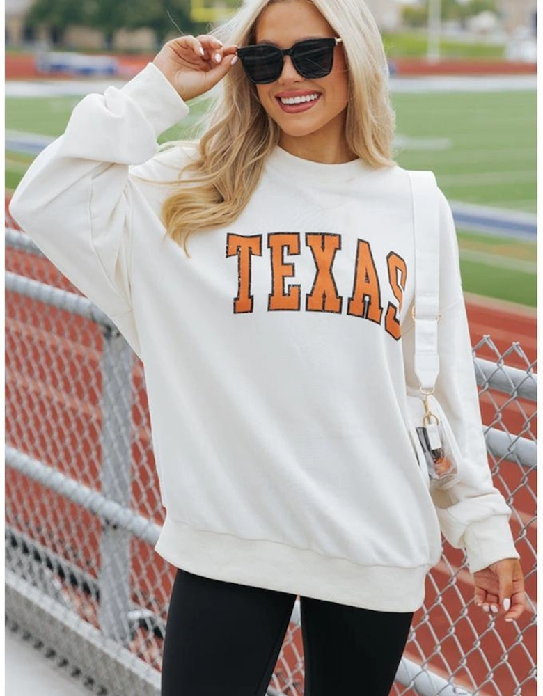 White TEXAS Graphic Drop Shoulder Crewneck Sweatshirt