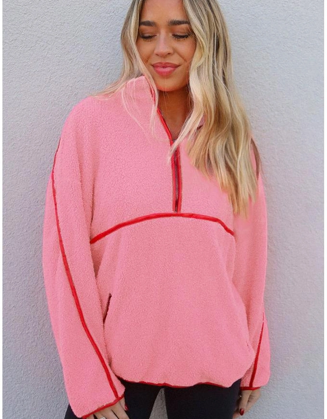 Strawberry Pink Sherpa Contrast Faux Leather Trim Half Zip Pocketed Pullover Sweatshirt
