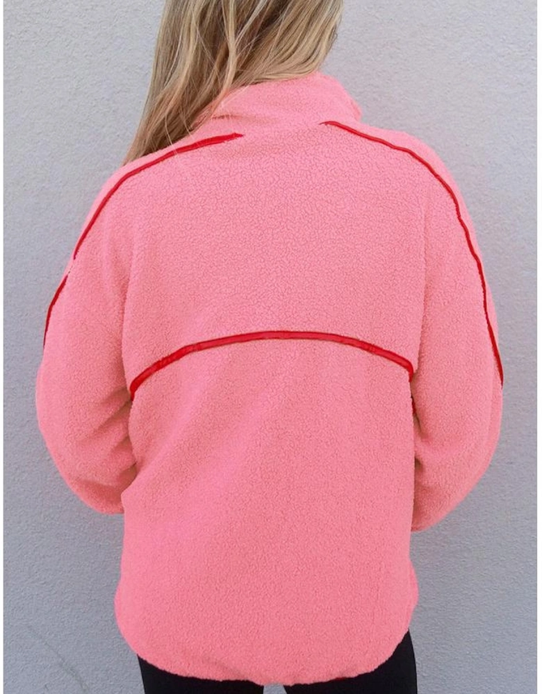 Strawberry Pink Sherpa Contrast Faux Leather Trim Half Zip Pocketed Pullover Sweatshirt