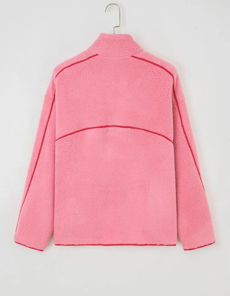 Strawberry Pink Sherpa Contrast Faux Leather Trim Half Zip Pocketed Pullover Sweatshirt