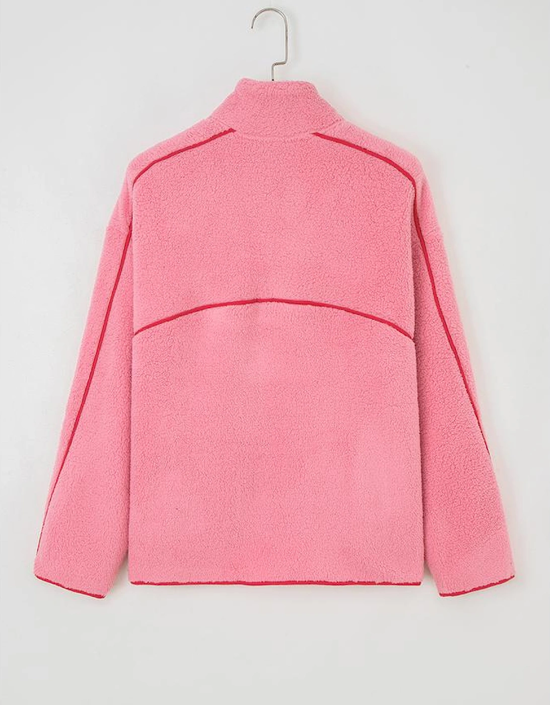 Strawberry Pink Sherpa Contrast Faux Leather Trim Half Zip Pocketed Pullover Sweatshirt