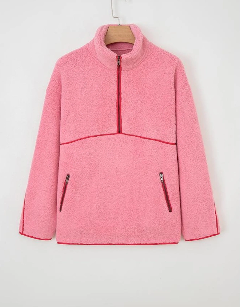 Strawberry Pink Sherpa Contrast Faux Leather Trim Half Zip Pocketed Pullover Sweatshirt