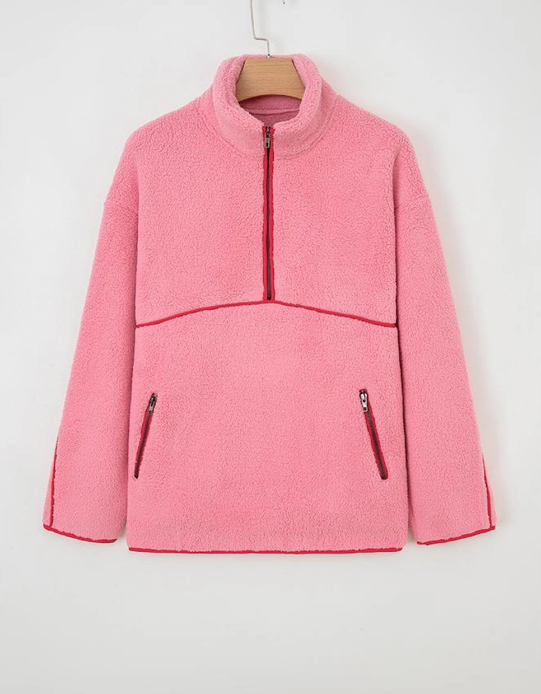 Strawberry Pink Sherpa Contrast Faux Leather Trim Half Zip Pocketed Pullover Sweatshirt
