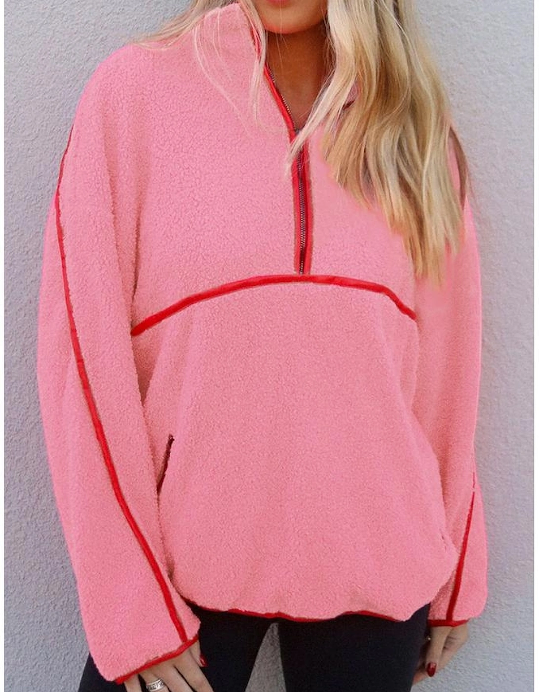 Strawberry Pink Sherpa Contrast Faux Leather Trim Half Zip Pocketed Pullover Sweatshirt