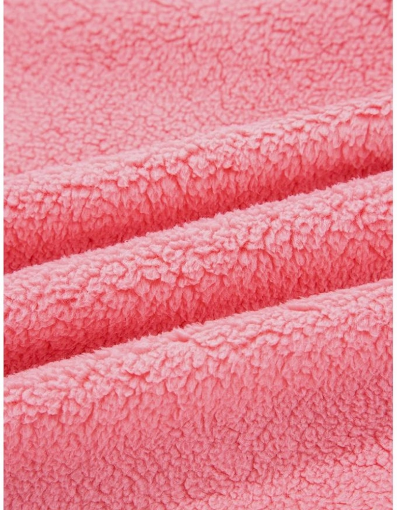 Strawberry Pink Sherpa Contrast Faux Leather Trim Half Zip Pocketed Pullover Sweatshirt