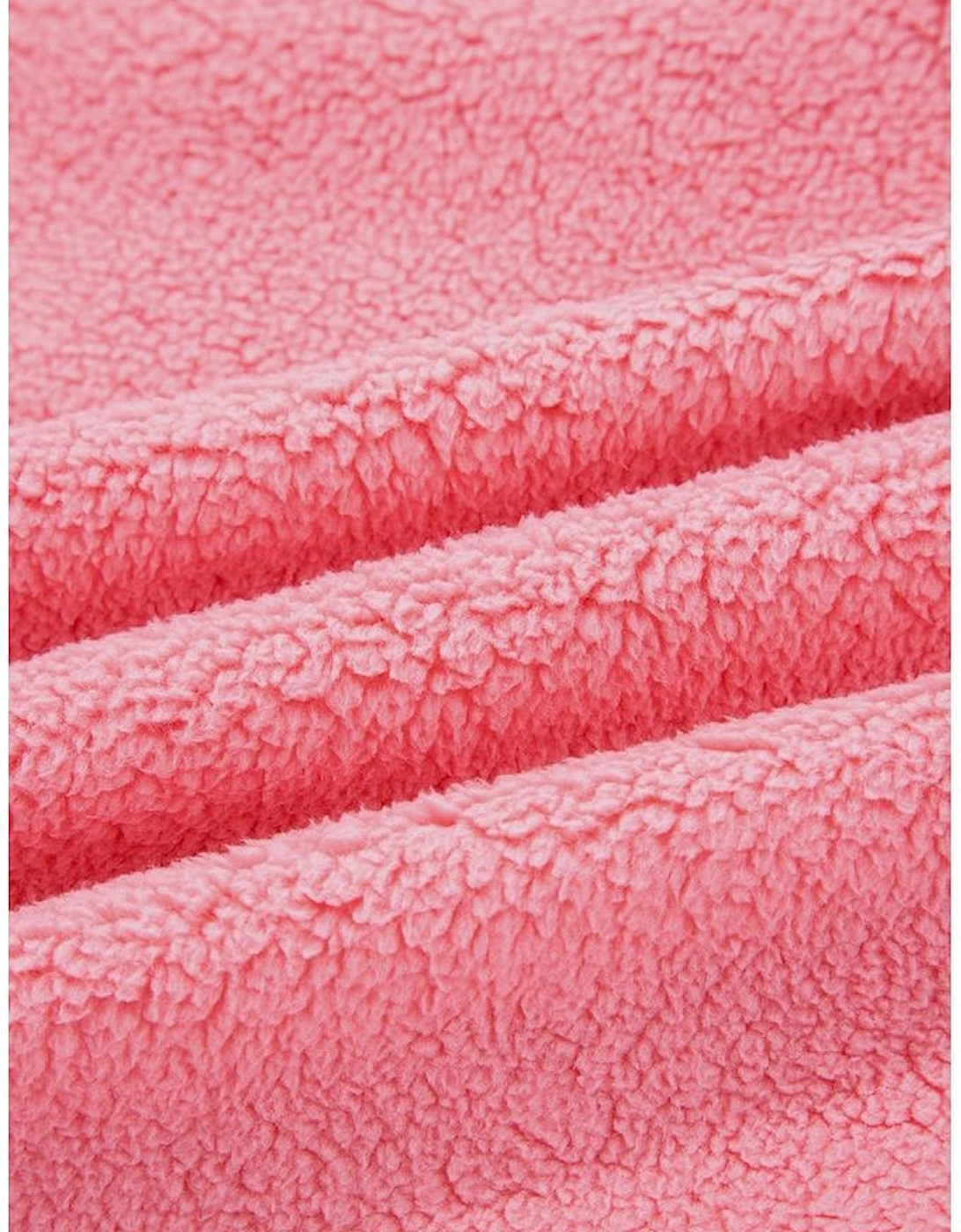 Strawberry Pink Sherpa Contrast Faux Leather Trim Half Zip Pocketed Pullover Sweatshirt