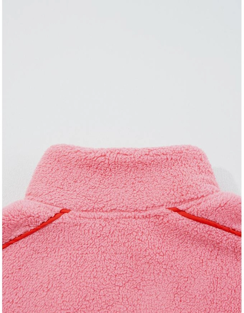 Strawberry Pink Sherpa Contrast Faux Leather Trim Half Zip Pocketed Pullover Sweatshirt