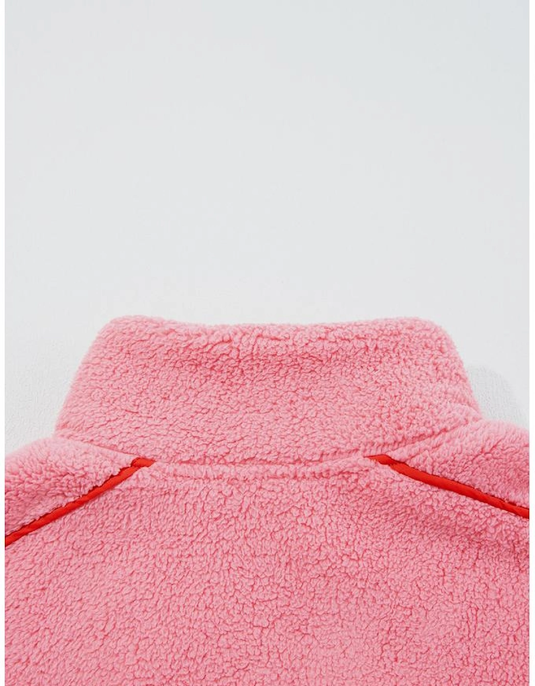 Strawberry Pink Sherpa Contrast Faux Leather Trim Half Zip Pocketed Pullover Sweatshirt