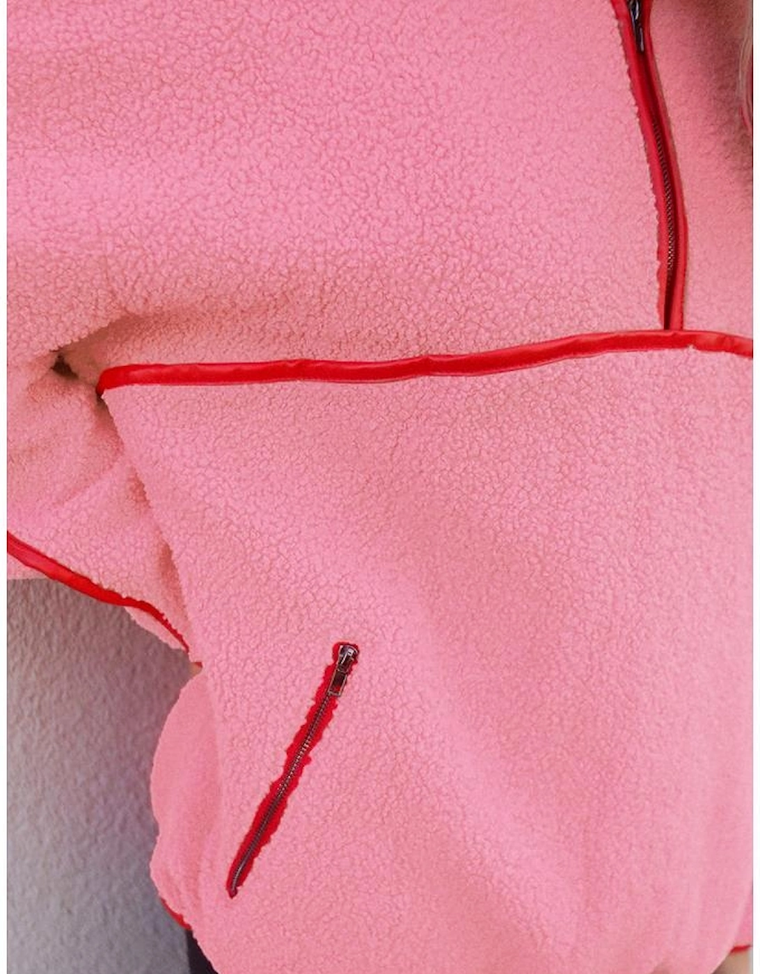 Strawberry Pink Sherpa Contrast Faux Leather Trim Half Zip Pocketed Pullover Sweatshirt