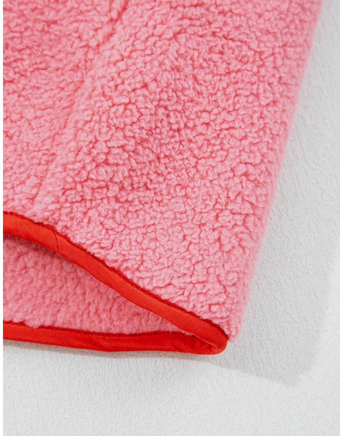 Strawberry Pink Sherpa Contrast Faux Leather Trim Half Zip Pocketed Pullover Sweatshirt