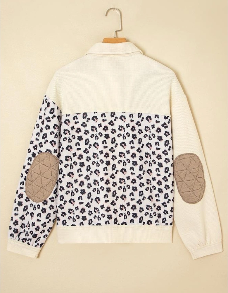 Khaki Leopard Waffle Quilted Patchwork Button Front Jacket