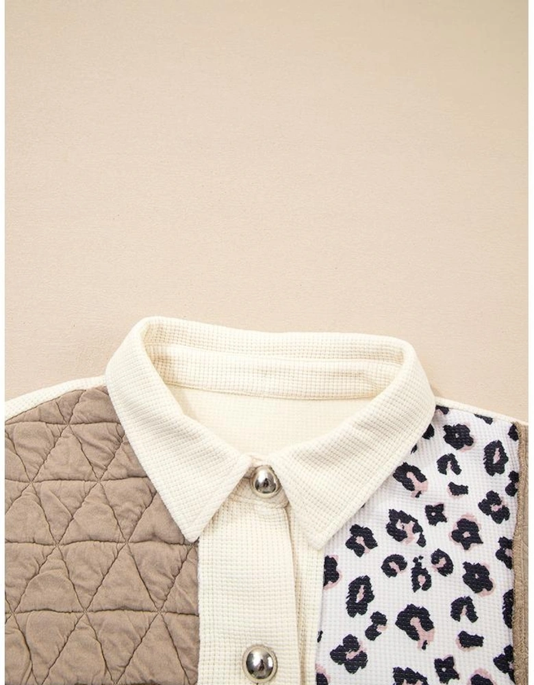 Khaki Leopard Waffle Quilted Patchwork Button Front Jacket