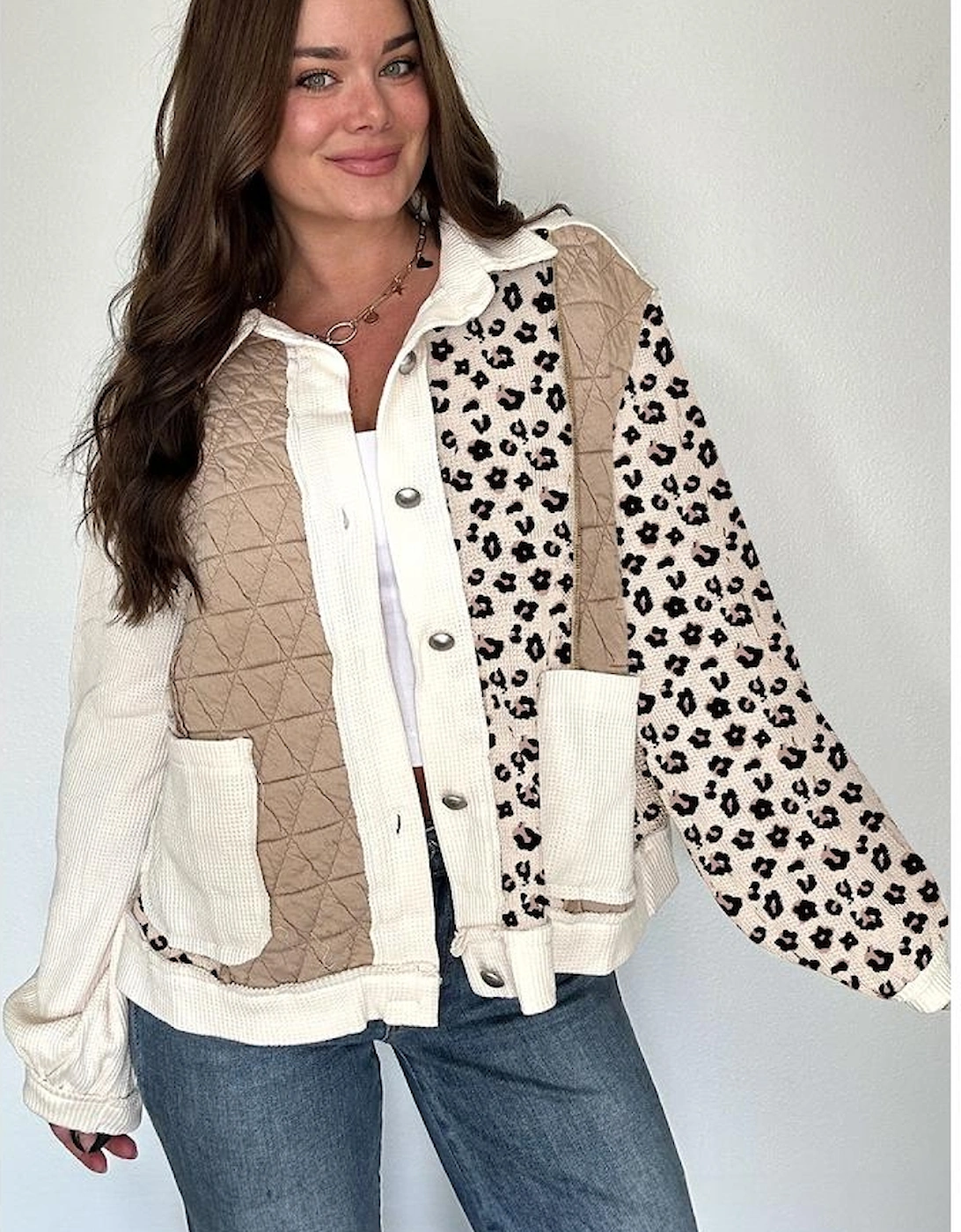 Khaki Leopard Waffle Quilted Patchwork Button Front Jacket