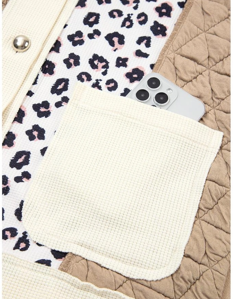 Khaki Leopard Waffle Quilted Patchwork Button Front Jacket