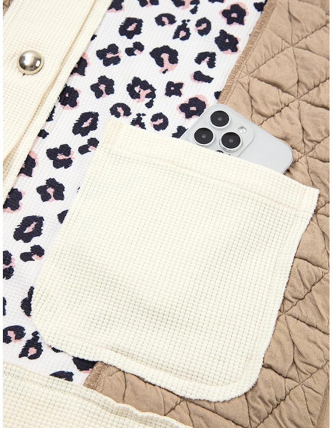 Khaki Leopard Waffle Quilted Patchwork Button Front Jacket