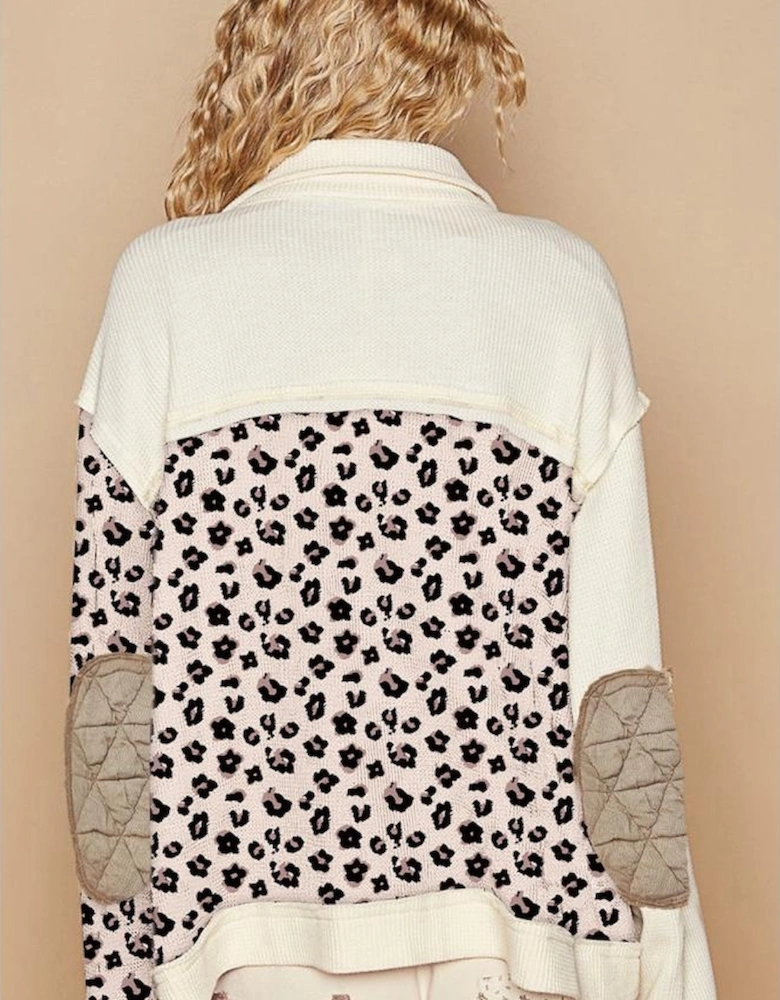 Khaki Leopard Waffle Quilted Patchwork Button Front Jacket