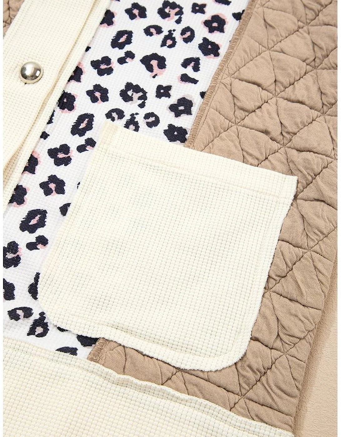 Khaki Leopard Waffle Quilted Patchwork Button Front Jacket