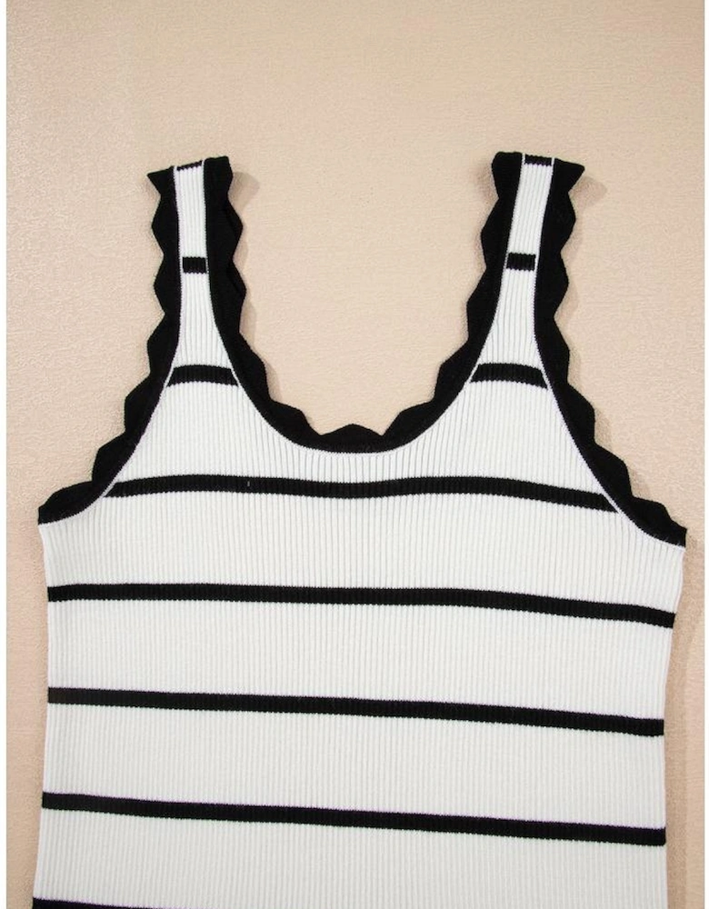Black Striped Scalloped Edge U Neck Sleeveless Sweater Vest