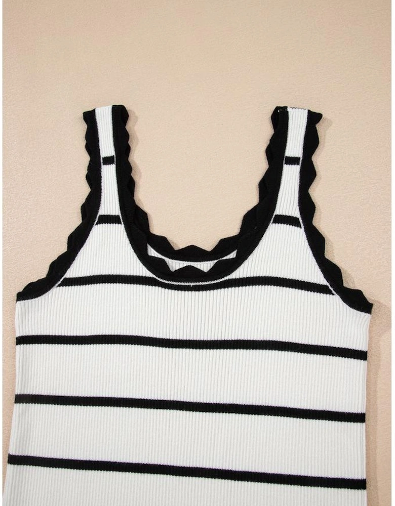 Black Striped Scalloped Edge U Neck Sleeveless Sweater Vest