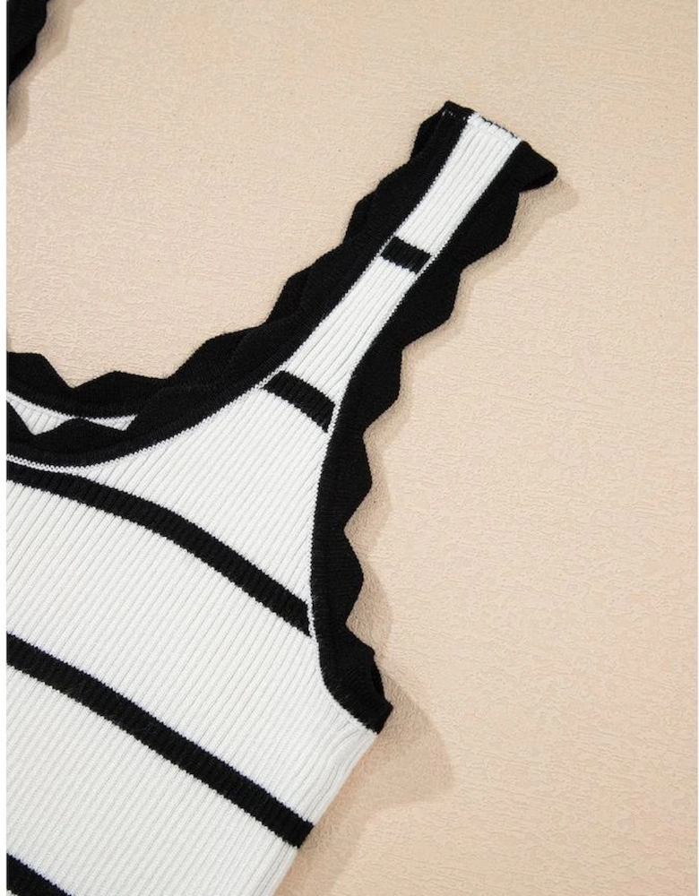 Black Striped Scalloped Edge U Neck Sleeveless Sweater Vest