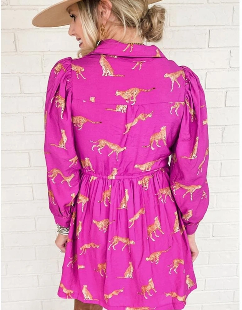 Rose Cheetah Print Drawstring Tunic Shirt Dress
