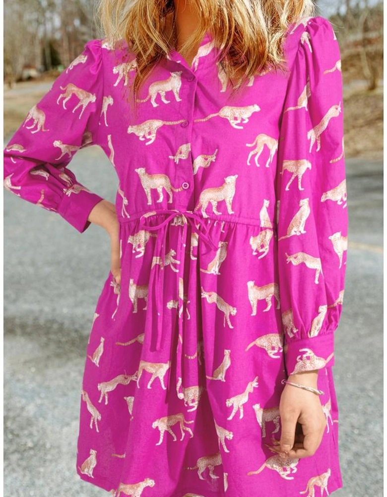 Rose Cheetah Print Drawstring Tunic Shirt Dress