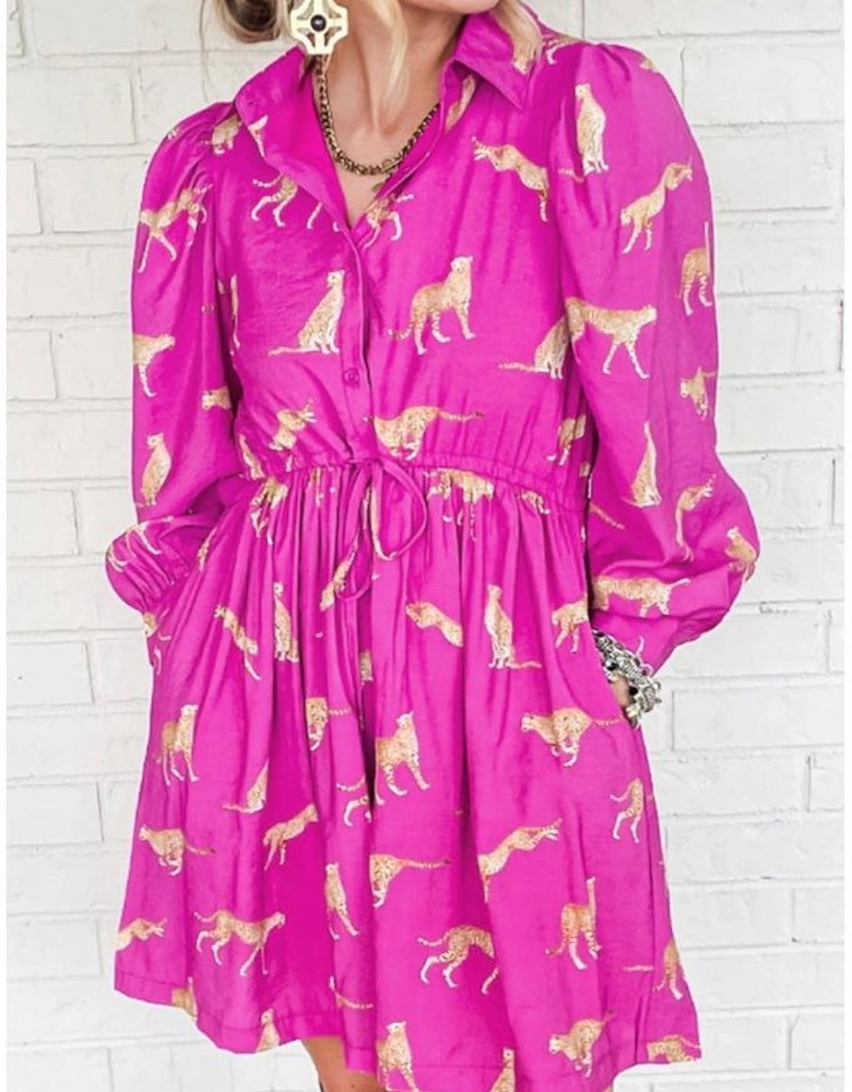 Rose Cheetah Print Drawstring Tunic Shirt Dress
