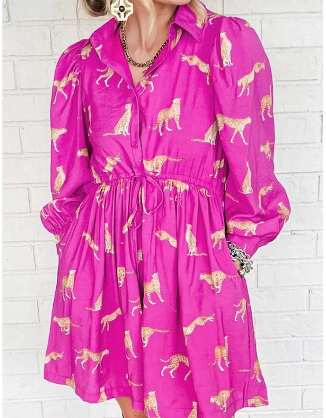 Rose Cheetah Print Drawstring Tunic Shirt Dress