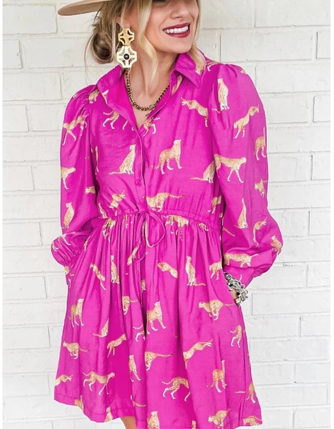 Rose Cheetah Print Drawstring Tunic Shirt Dress