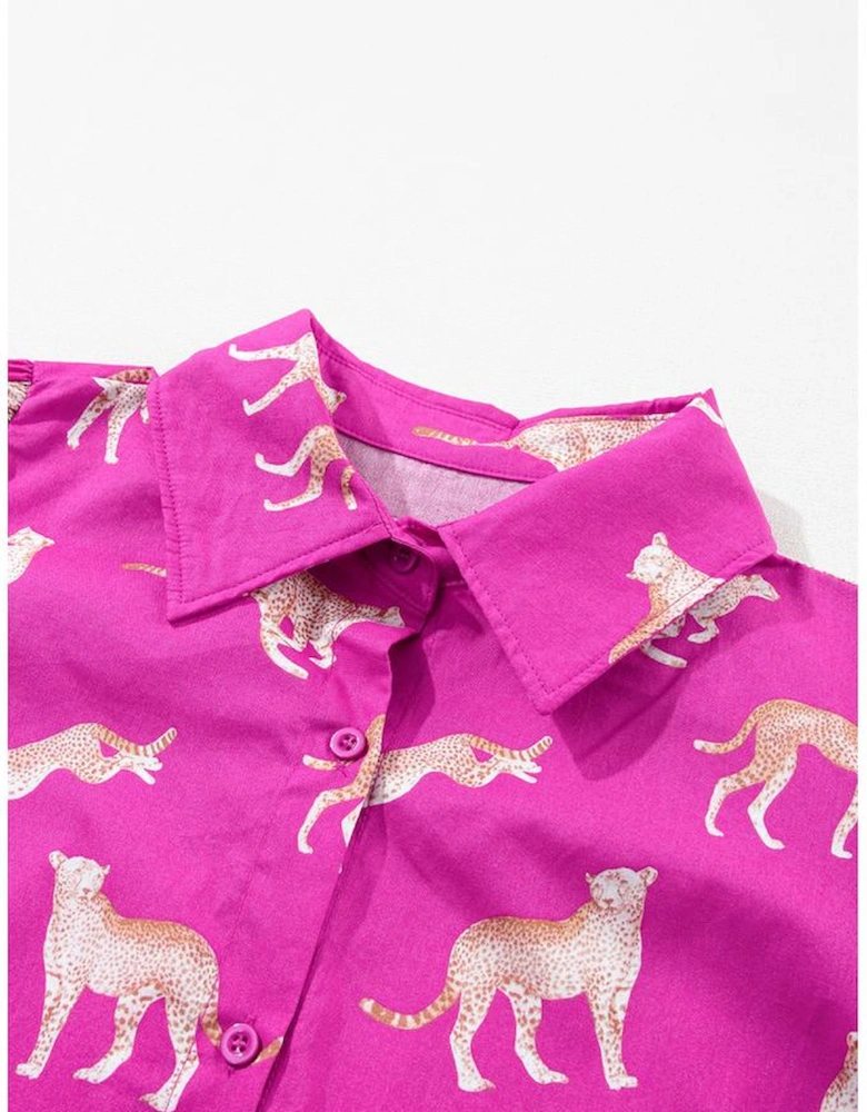Rose Cheetah Print Drawstring Tunic Shirt Dress