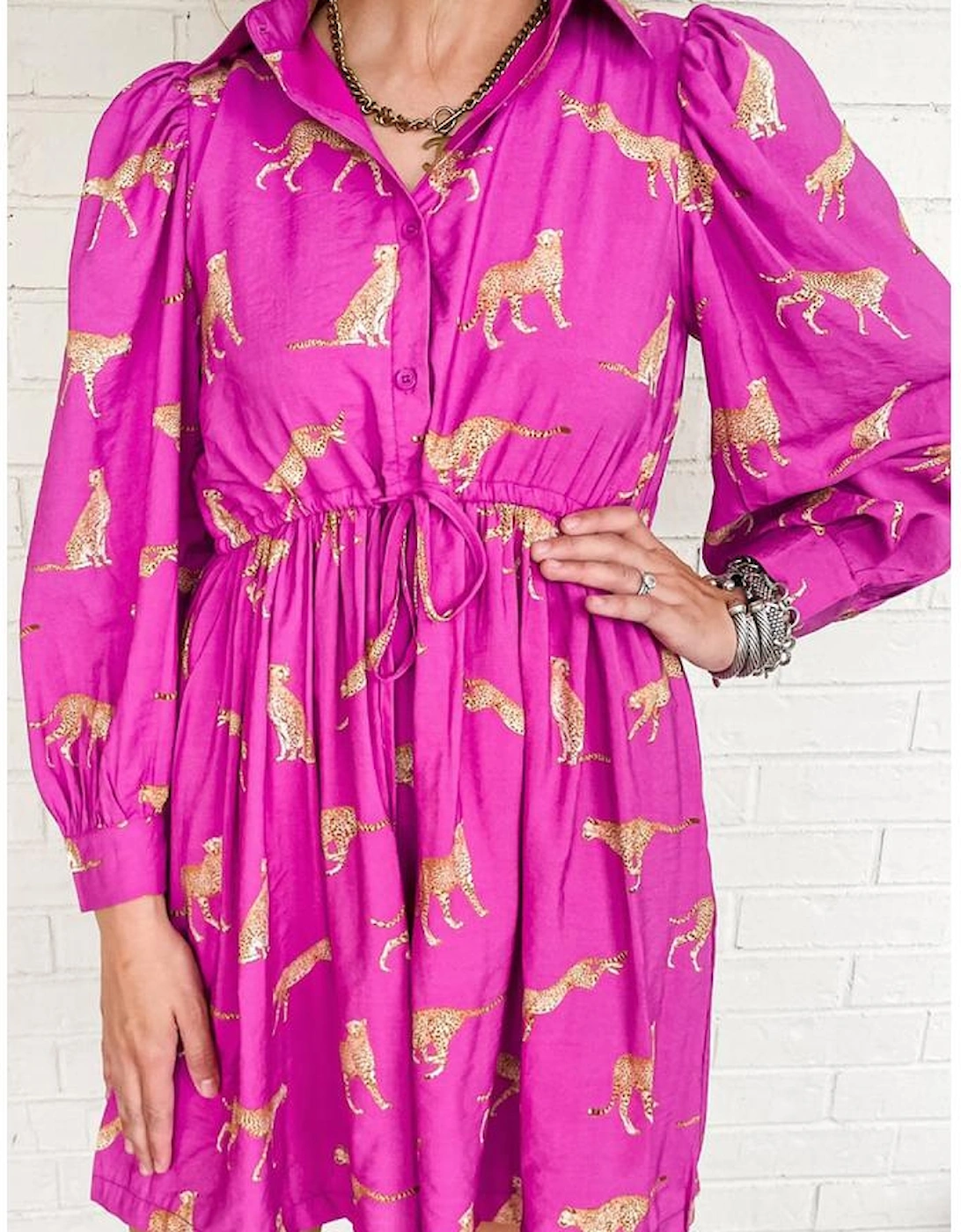 Rose Cheetah Print Drawstring Tunic Shirt Dress