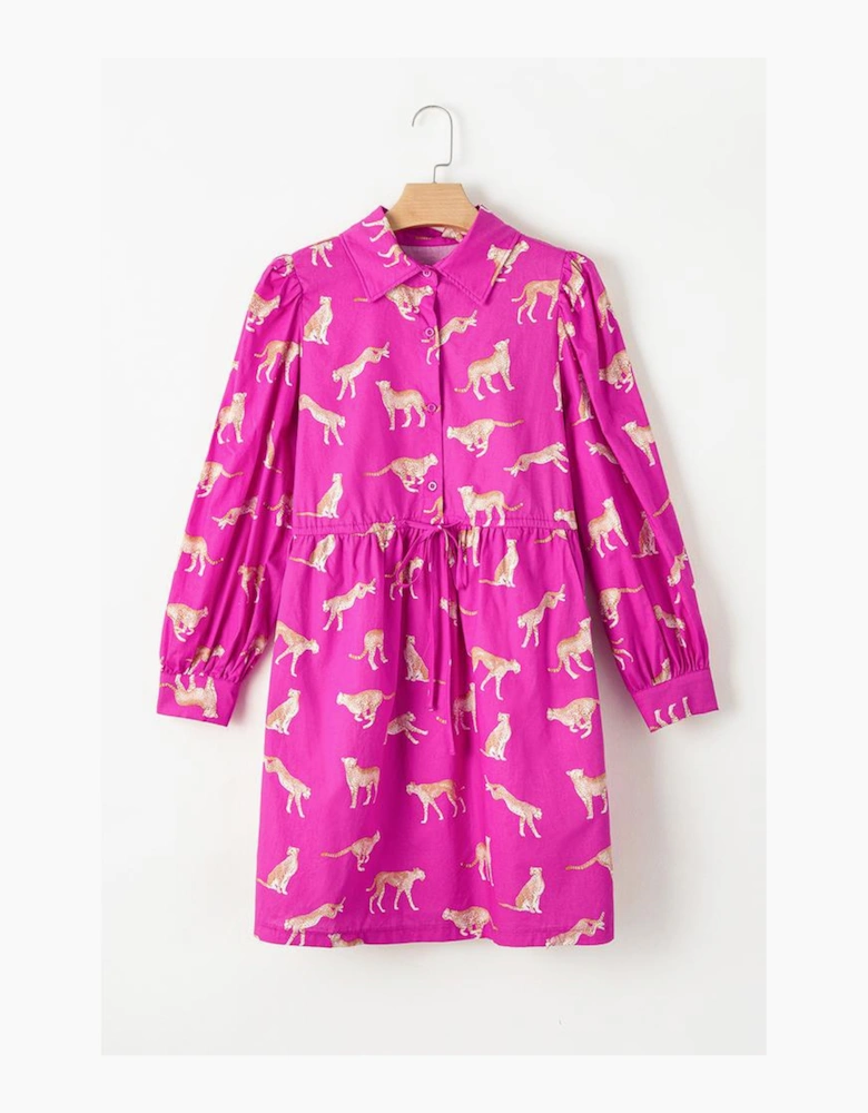 Rose Cheetah Print Drawstring Tunic Shirt Dress