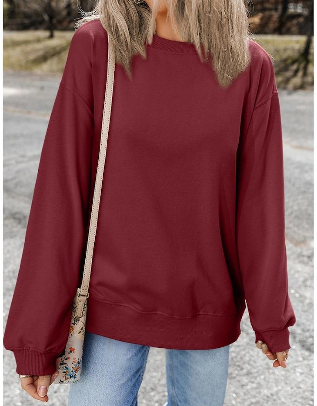 Burgundy Plain Drop Shoulder Crewneck Pullover Sweatshirt