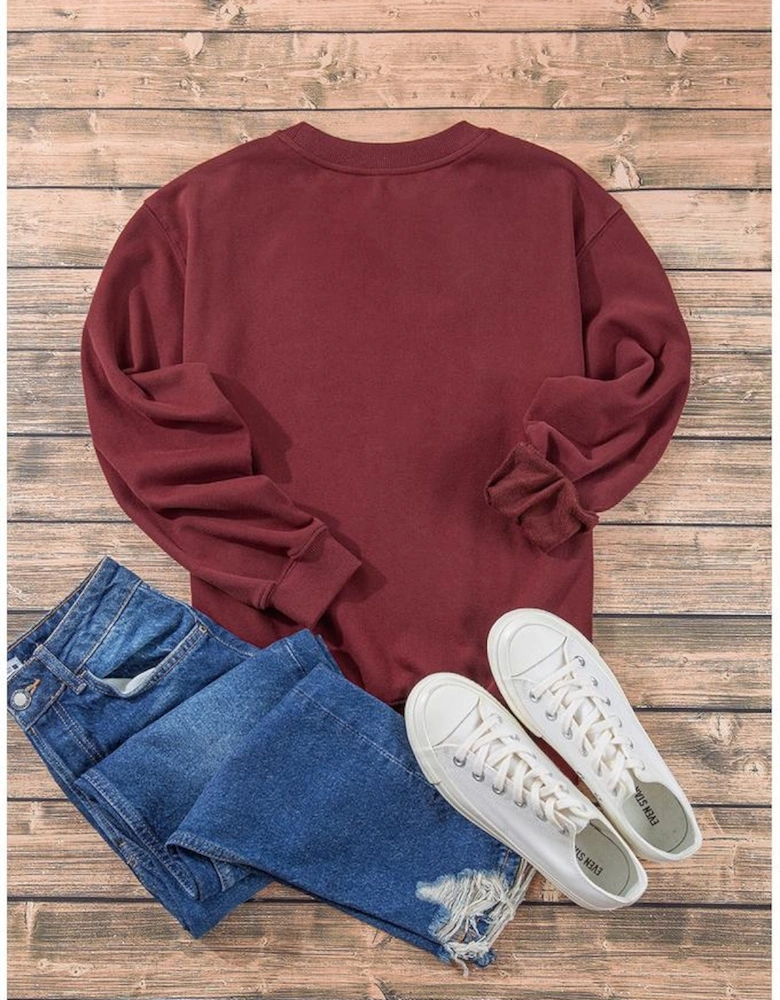 Burgundy Plain Drop Shoulder Crewneck Pullover Sweatshirt