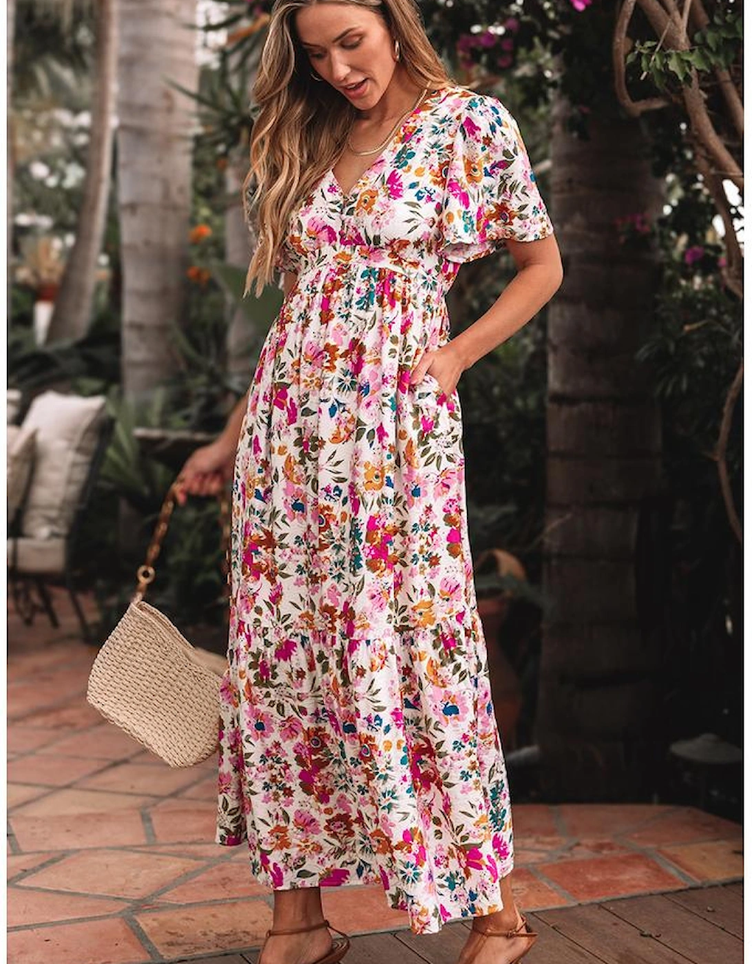Red Floral Short Sleeve V Neck High Waist Maxi Dress