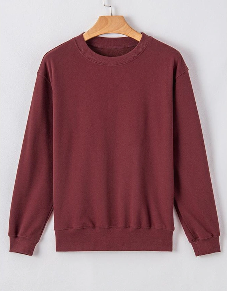 Burgundy Plain Drop Shoulder Crewneck Pullover Sweatshirt