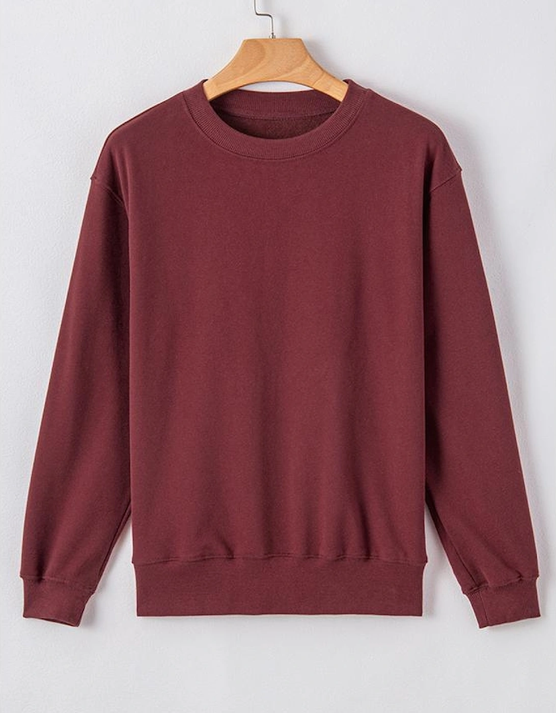Burgundy Plain Drop Shoulder Crewneck Pullover Sweatshirt