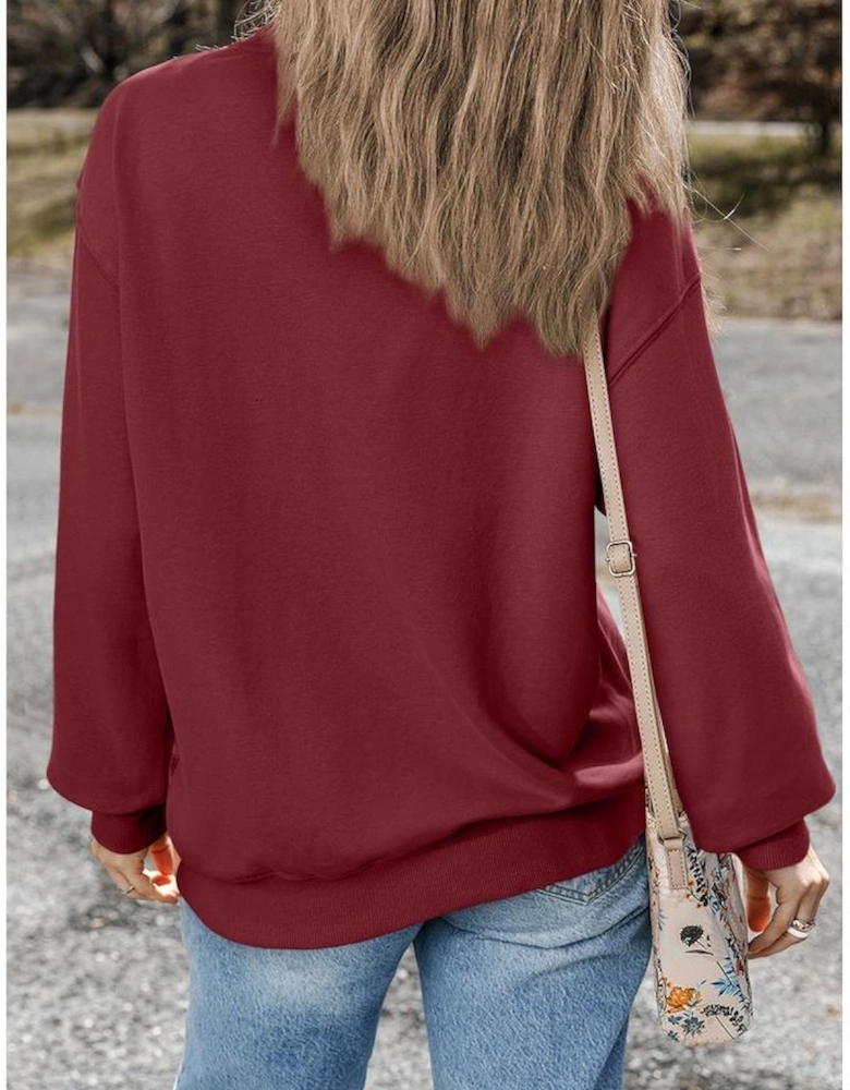 Burgundy Plain Drop Shoulder Crewneck Pullover Sweatshirt